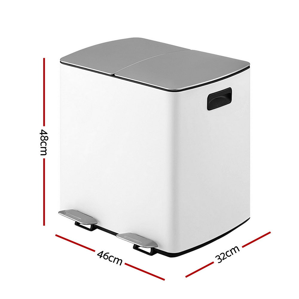Cefito Pedal Bins Rubbish Bin Dual Compartment Waste Recycle Dustbins 40L White RB-40L-2P-WH
