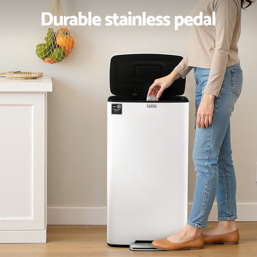 Cefito Pedal Bins Rubbish Bin Waste Recycle Dustbins Kitchen Trash Can 40L White RB-40L-C-WH