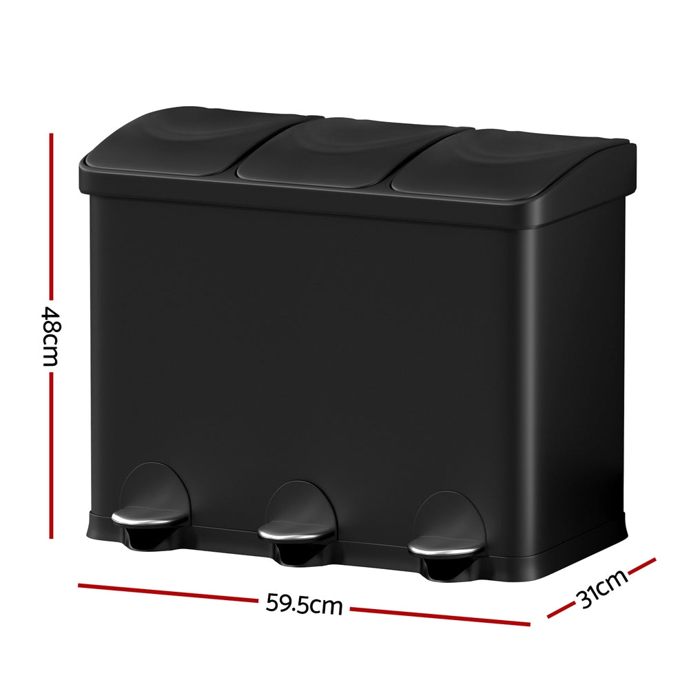 Cefito Pedal Bins Rubbish Bin Triple Compartments Waste Recycle Dustbins 45L RB-45L-3C-BK