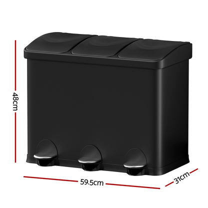 Cefito Pedal Bins Rubbish Bin Triple Compartments Waste Recycle Dustbins 45L RB-45L-3C-BK