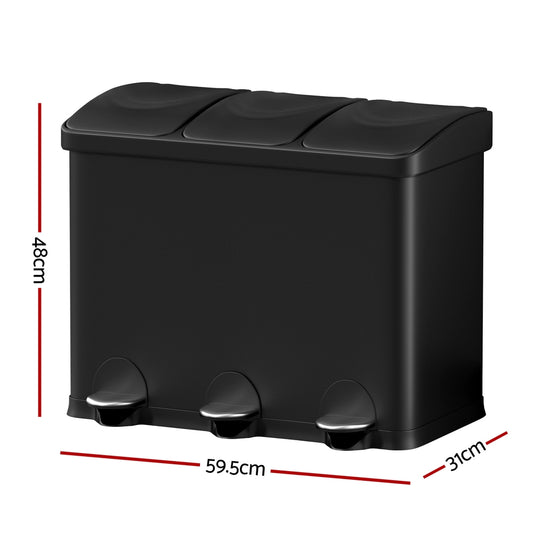 Cefito Pedal Bins Rubbish Bin Triple Compartments Waste Recycle Dustbins 45L RB-45L-3C-BK