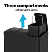 Cefito Pedal Bins Rubbish Bin Triple Compartments Waste Recycle Dustbins 45L RB-45L-3C-BK
