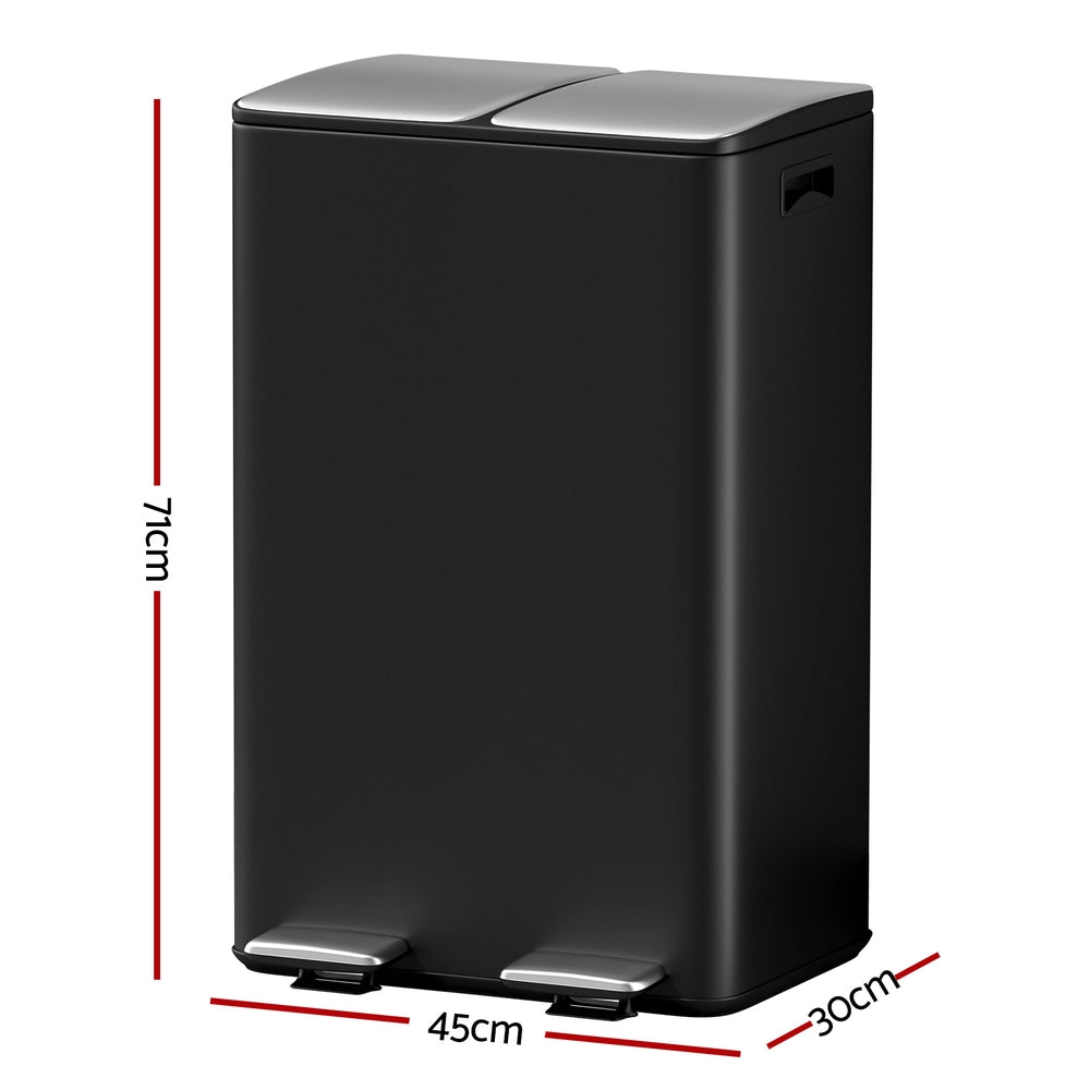 Cefito Pedal Bins Rubbish Bin Dual Compartment Waste Recycle Dustbins 60L Black RB-60L-2C-BK