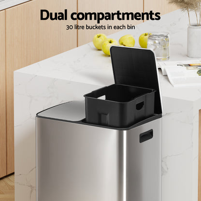 Cefito Pedal Bins Rubbish Bin Dual Compartment Waste Recycle Dustbins 60L Silver RB-60L-2C-SI
