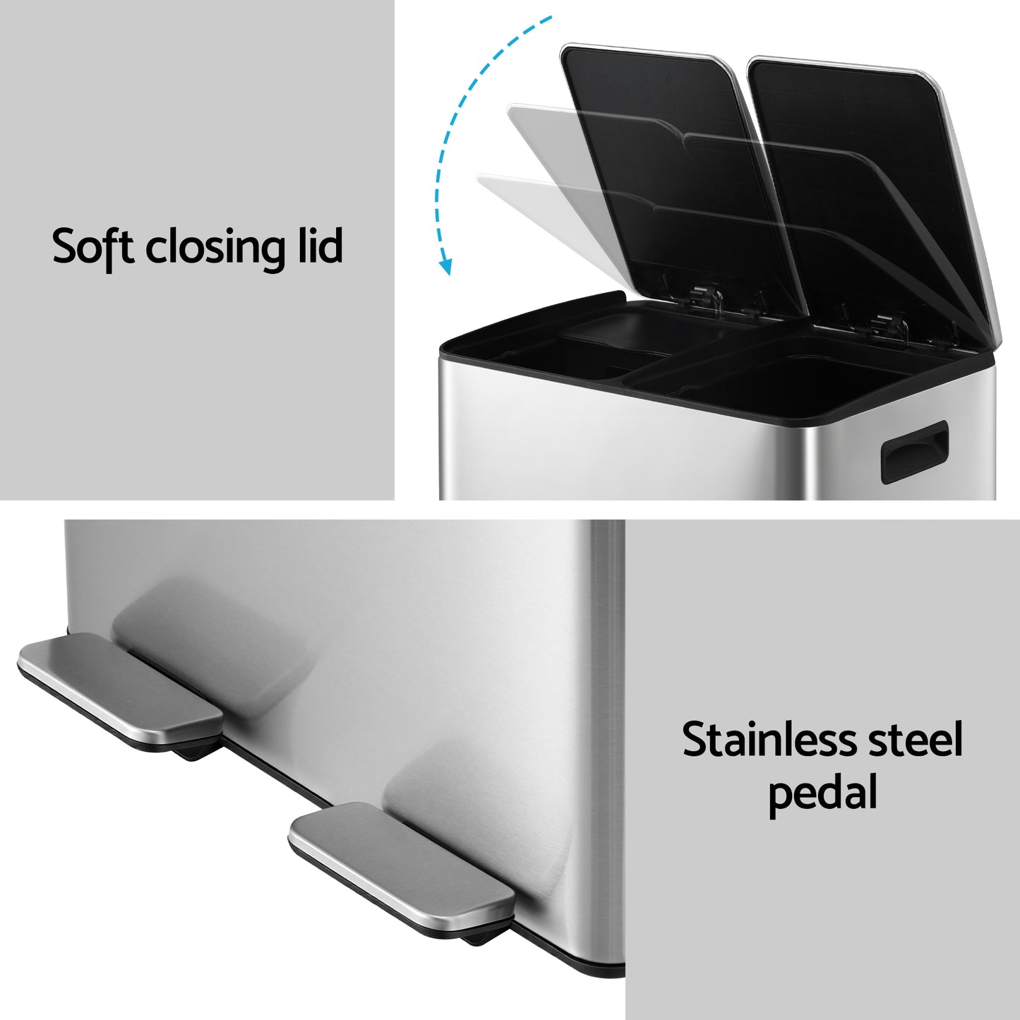 Cefito Pedal Bins Rubbish Bin Dual Compartment Waste Recycle Dustbins 60L Silver RB-60L-2C-SI