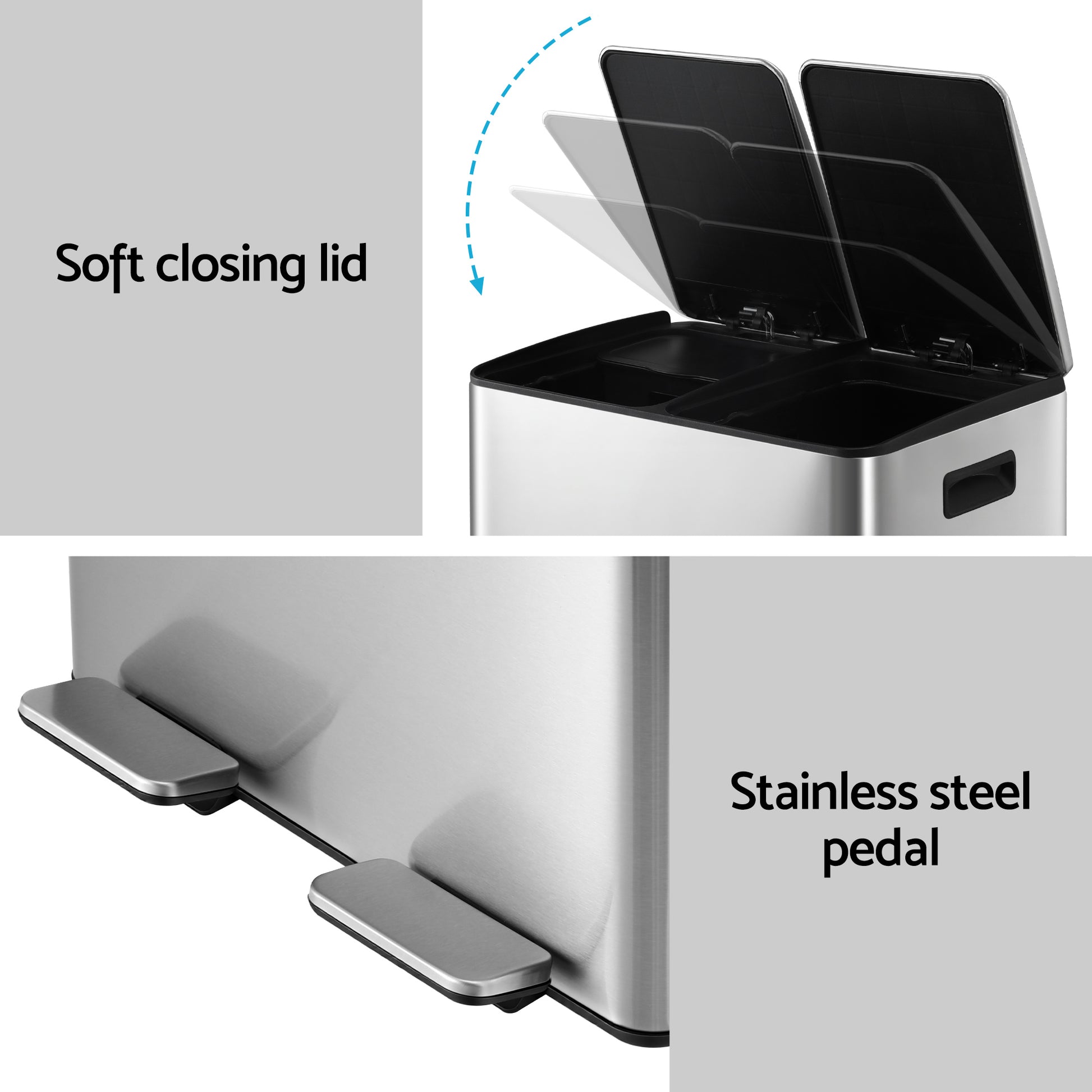 Cefito Pedal Bins Rubbish Bin Dual Compartment Waste Recycle Dustbins 60L Silver RB-60L-2C-SI