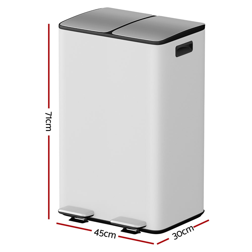 Cefito Pedal Bins Rubbish Bin Dual Compartment Waste Recycle Dustbins 60L White RB-60L-2C-WH