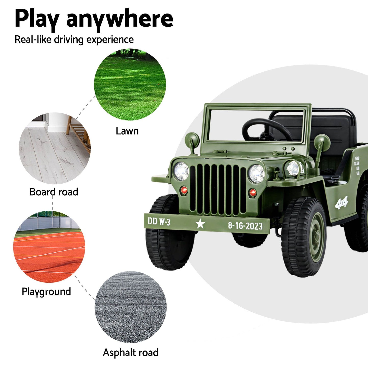 Rigo Kids Electric Ride On Car Jeep Military Off Road Toy Cars Remote 12V Olive RCAR-ARMYJEP-OL