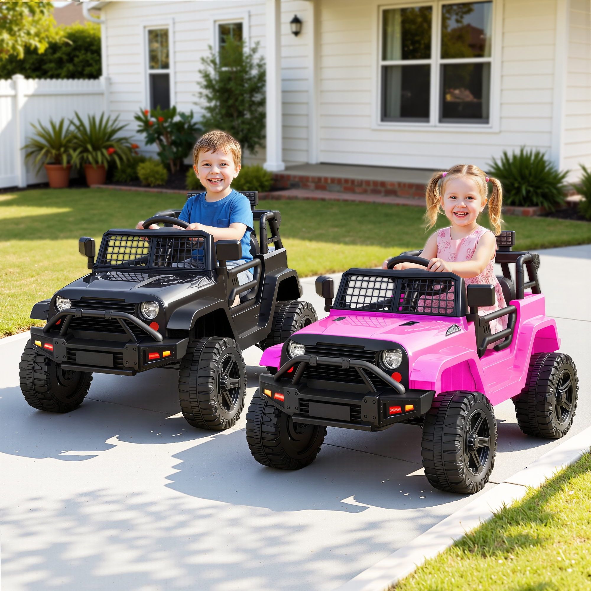2x Rigo Electric Kids Ride On Car Black Pink Off-Road Ride-On Toy with Remote Control Horn Music RCAR-JEP-4WS-BKXPK
