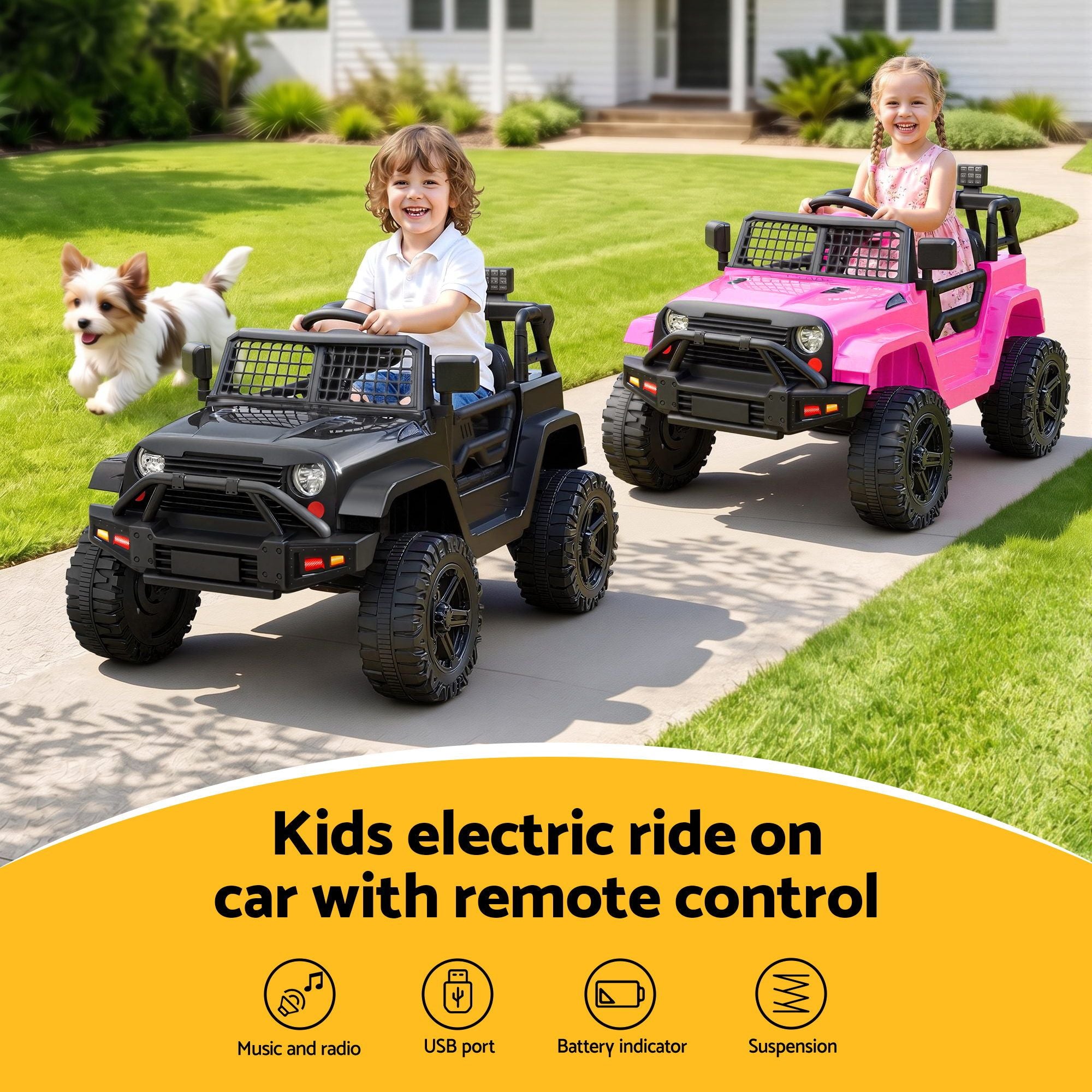 2x Rigo Electric Kids Ride On Car Black Pink Off-Road Ride-On Toy with Remote Control Horn Music RCAR-JEP-4WS-BKXPK
