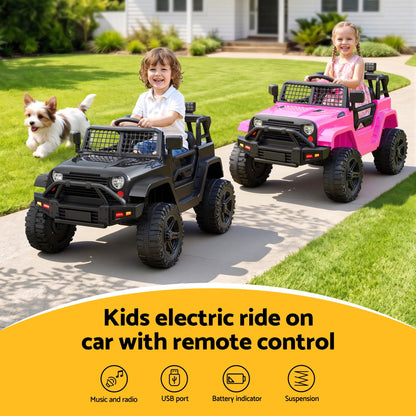 2x Rigo Electric Kids Ride On Car Black Pink Off-Road Ride-On Toy with Remote Control Horn Music RCAR-JEP-4WS-BKXPK