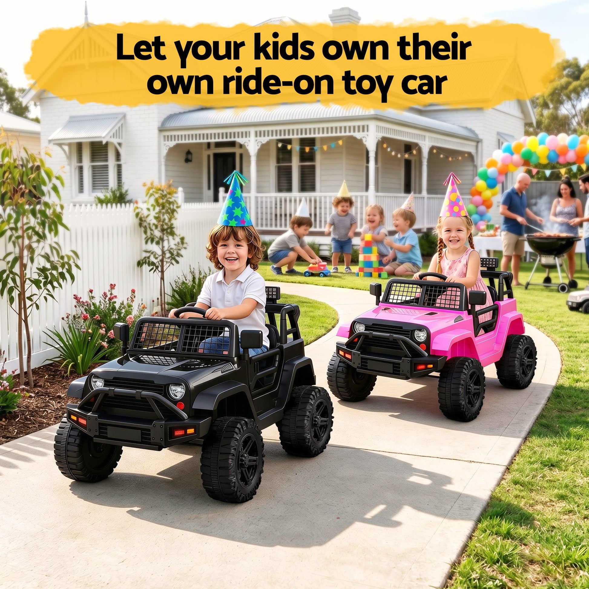 2x Rigo Electric Kids Ride On Car Black Pink Off-Road Ride-On Toy with Remote Control Horn Music RCAR-JEP-4WS-BKXPK