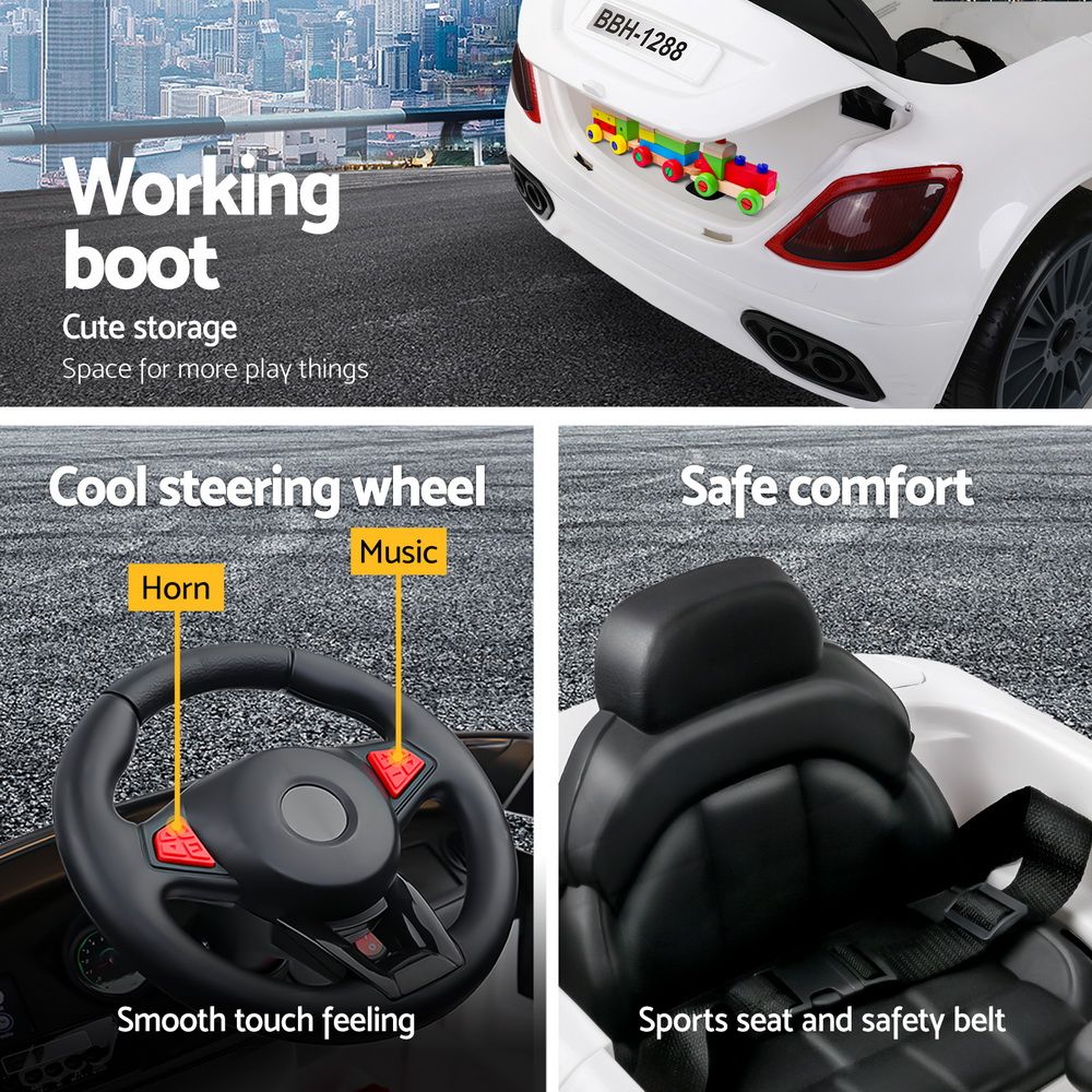 Rigo Kids Electric Ride On Car Cars Music Headlight Remote Control 12V White RCAR-MASRT-S-WH