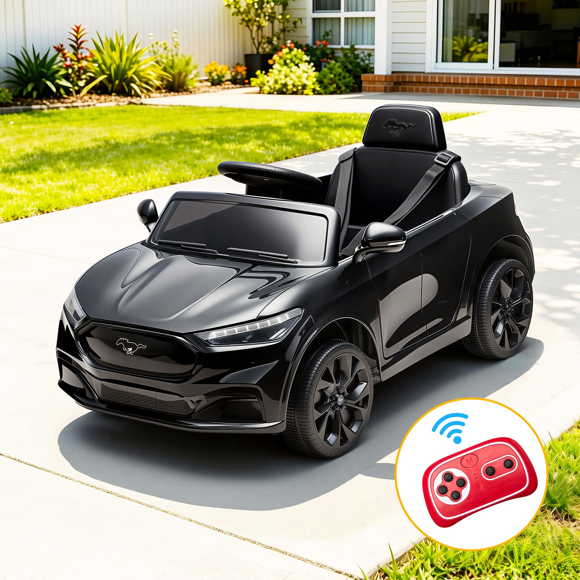 Kids Ride On Car 12V Licensed Ford Electric Toy with Remote Control Horn Music 97x61cm Black RCAR-MSTG-LS-BK