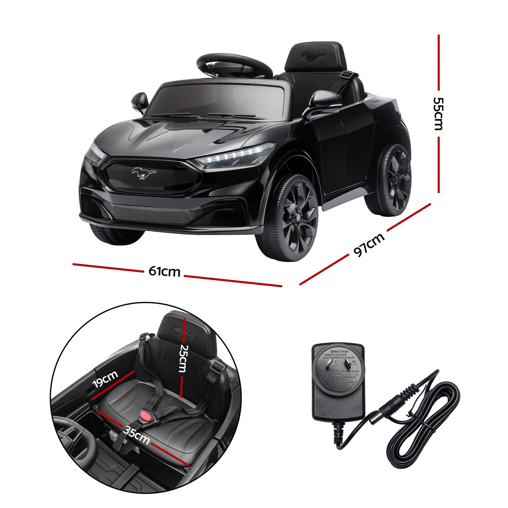 Kids Ride On Car 12V Licensed Ford Electric Toy with Remote Control Horn Music 97x61cm Black RCAR-MSTG-LS-BK