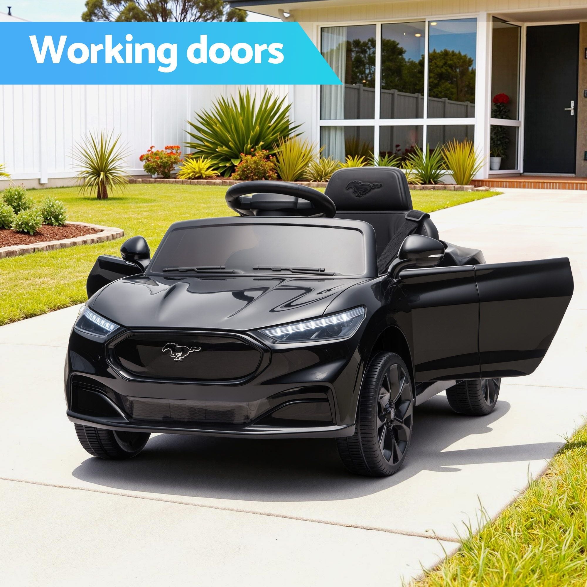 Kids Ride On Car 12V Licensed Ford Electric Toy with Remote Control Horn Music 97x61cm Black RCAR-MSTG-LS-BK