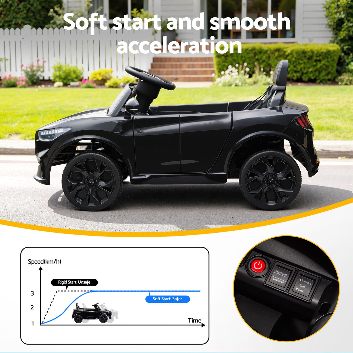 Kids Ride On Car 12V Licensed Ford Electric Toy with Remote Control Horn Music 97x61cm Black RCAR-MSTG-LS-BK