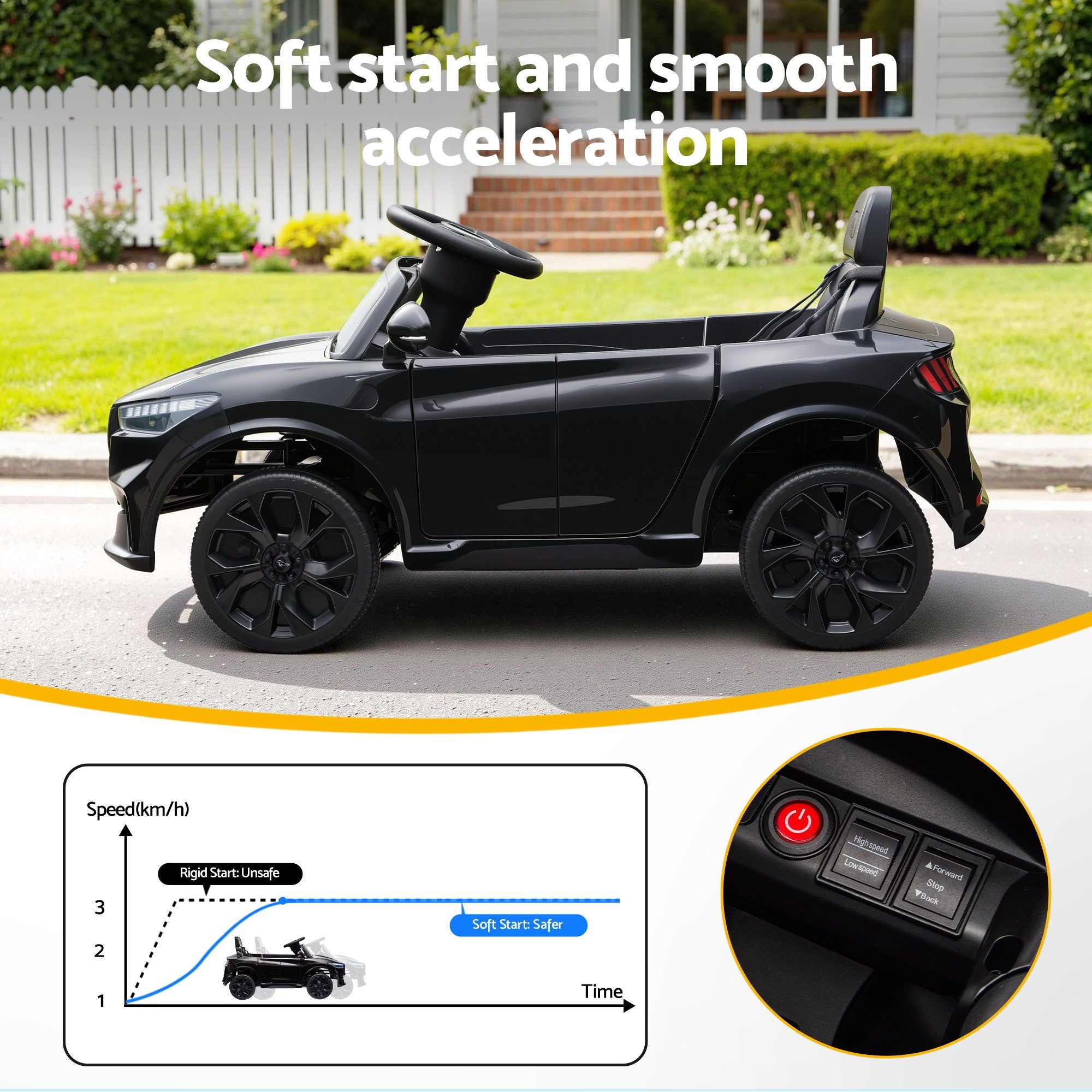 Kids Ride On Car 12V Licensed Ford Electric Toy with Remote Control Horn Music 97x61cm Black RCAR-MSTG-LS-BK