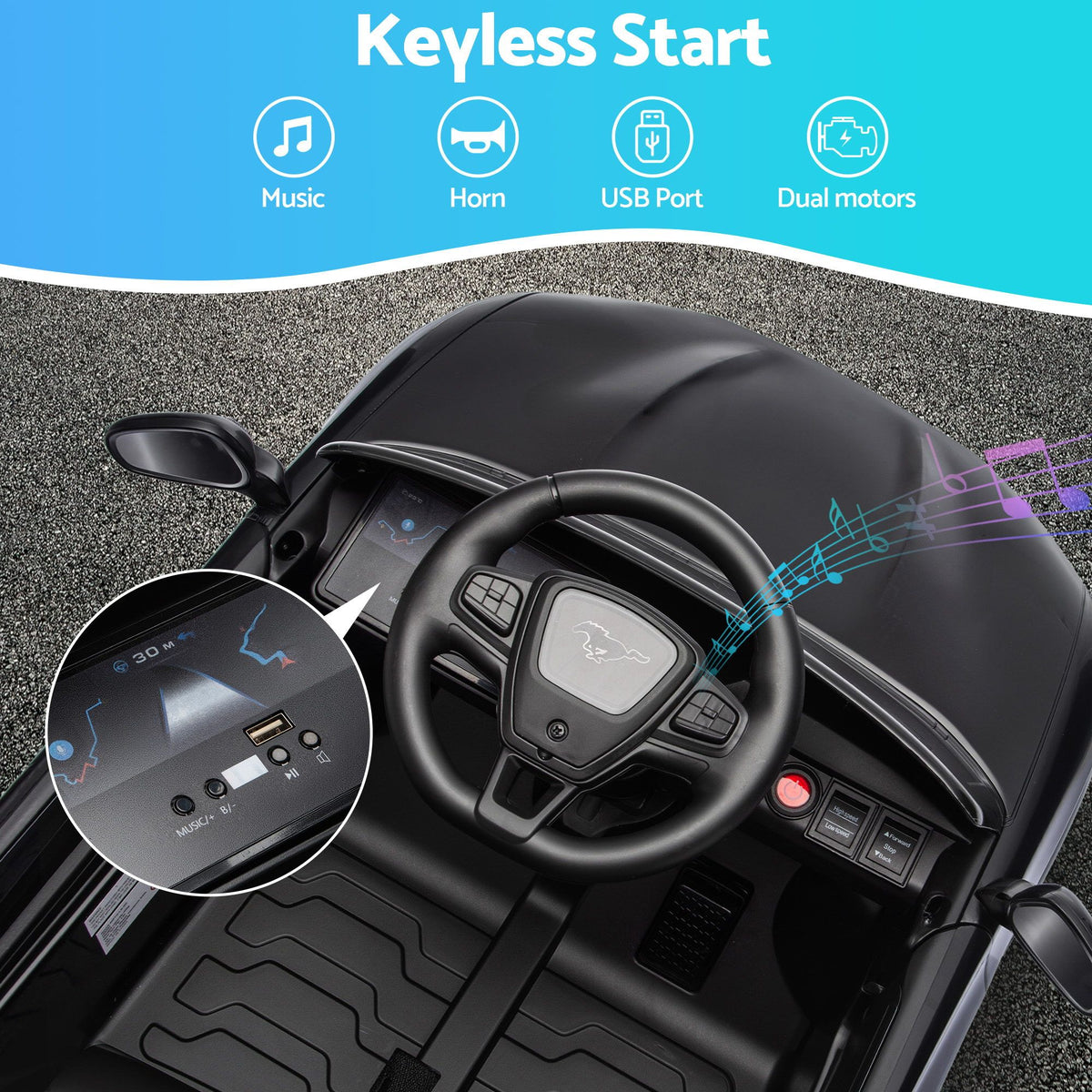 Kids Ride On Car 12V Licensed Ford Electric Toy with Remote Control Horn Music 97x61cm Black RCAR-MSTG-LS-BK