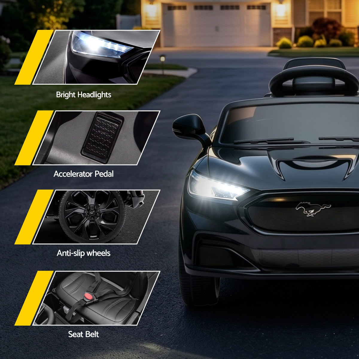 Kids Ride On Car 12V Licensed Ford Electric Toy with Remote Control Horn Music 97x61cm Black RCAR-MSTG-LS-BK