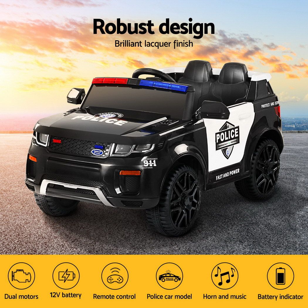 Rigo Kids Electric Ride On Patrol Police Car Horn Music Remote Black RCAR-POLICE-RGROVER-N-BK