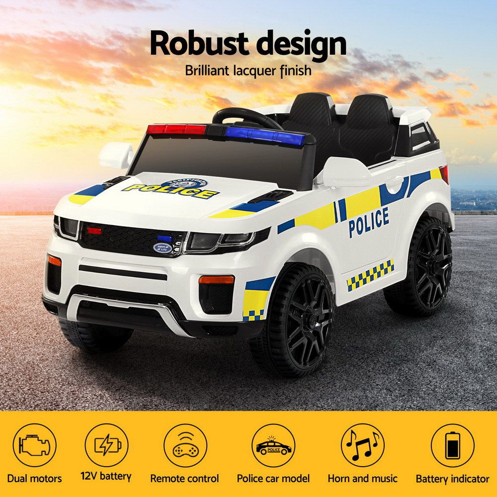 Rigo Kids Electric Ride On Patrol Police Car Horn Music Remote White RCAR-POLICE-RGROVER-N-WH