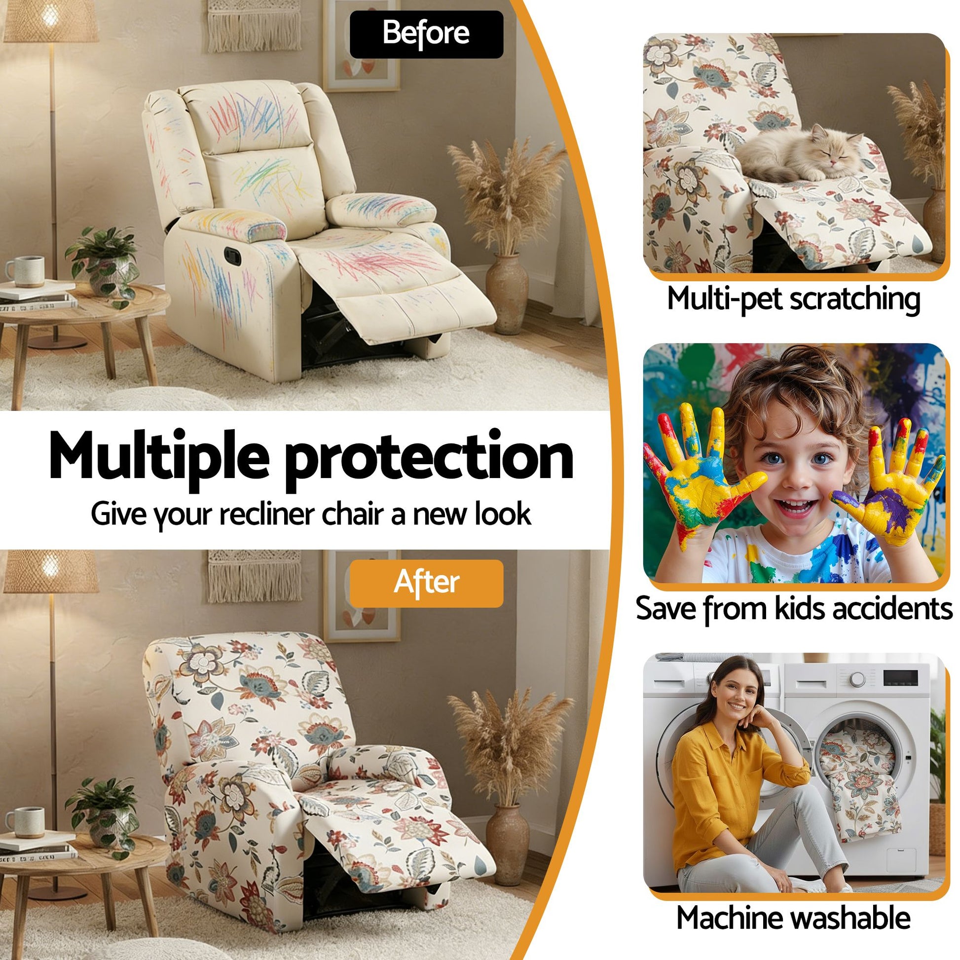 Artiss Stretch Kids Recliner Cover 4-Pieces Recliner Chair Slipcovers Printed Polyester RCOVER-KID-SILK-1S-PK