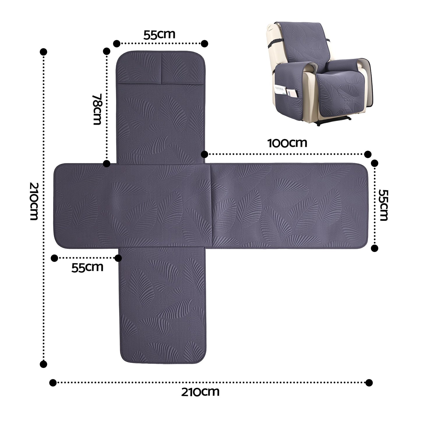 Artiss Quilted Recliner Chair Covers 100% Waterproof Recliner Slipcovers Grey RCOVER-PAD-FLOW-1S-GY