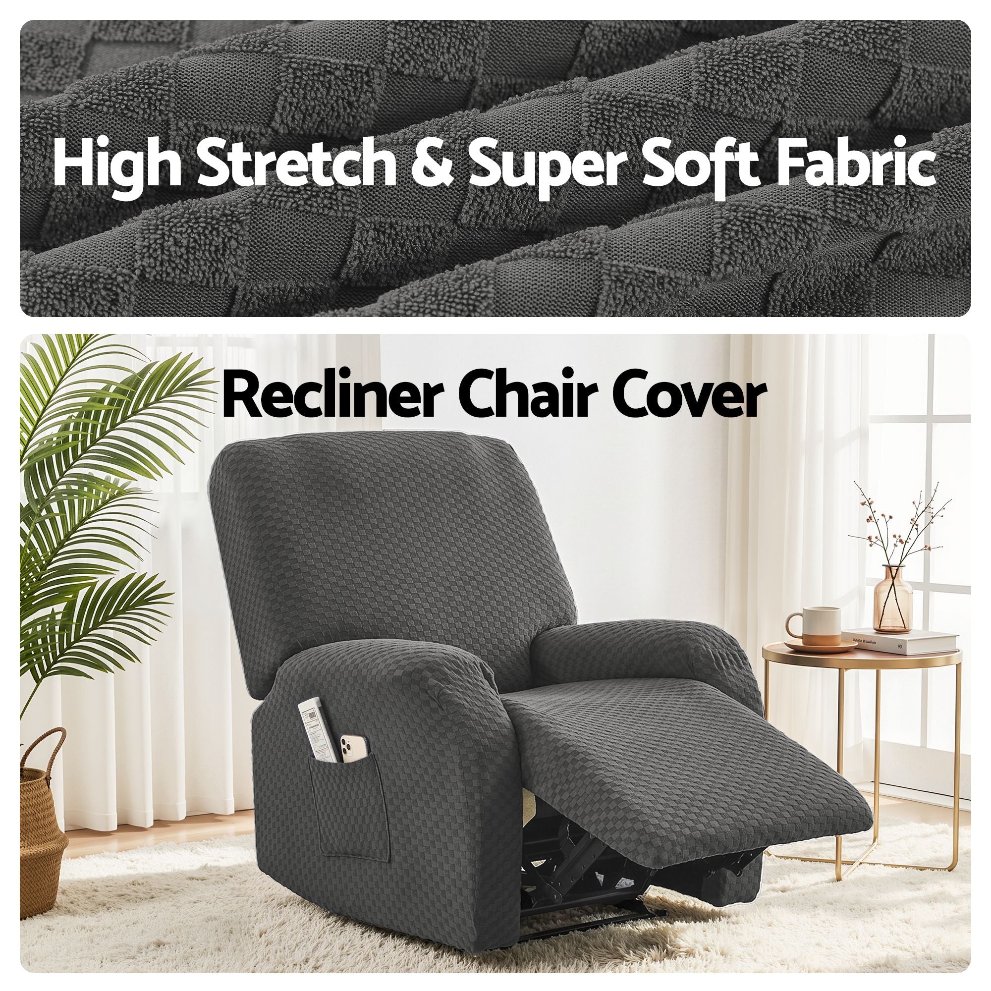 Artiss Recliner Chair Covers with Storage Side Pockets Grey Fabric RCOVER-POLY-1S-DAGY