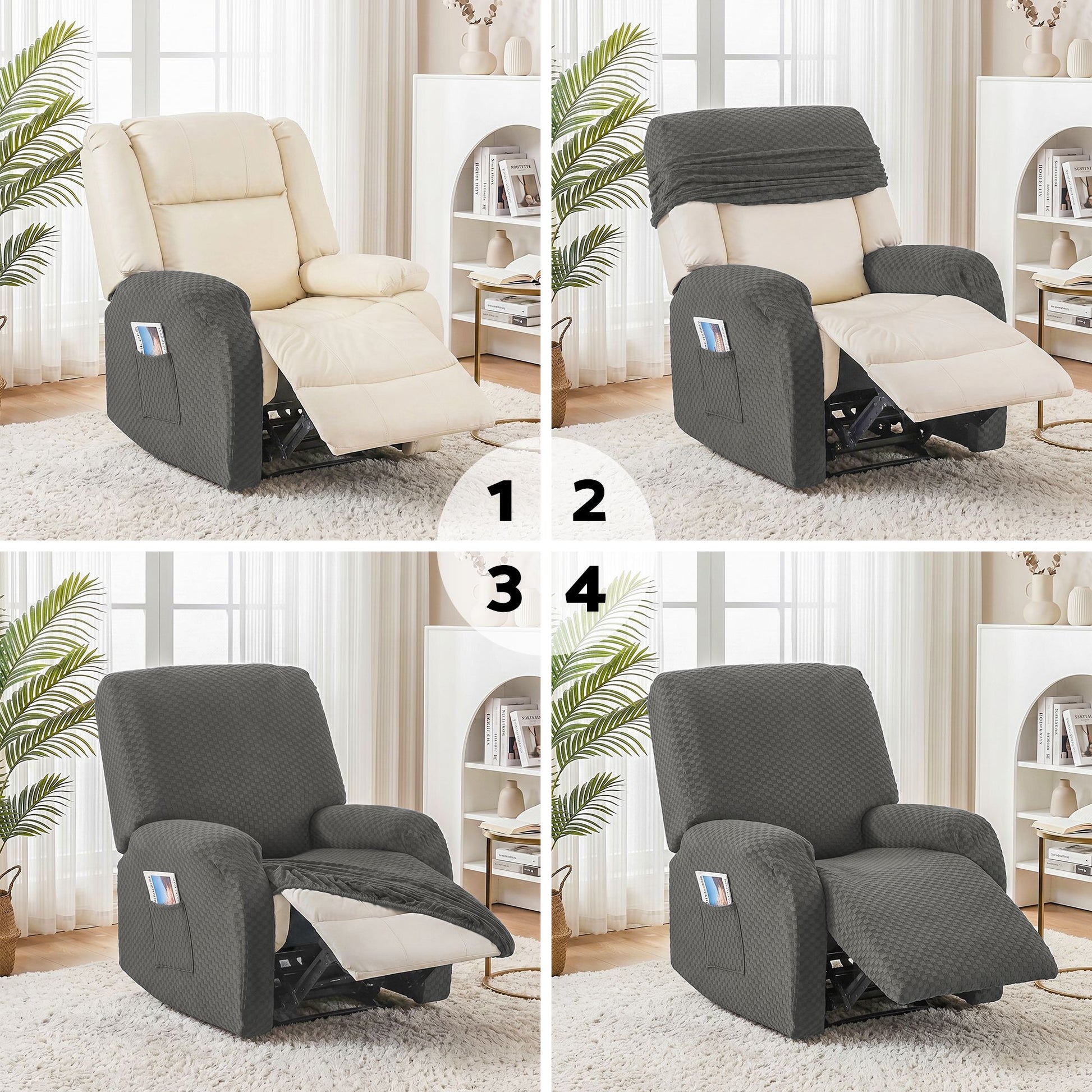 Artiss Recliner Chair Covers with Storage Side Pockets Grey Fabric RCOVER-POLY-1S-DAGY