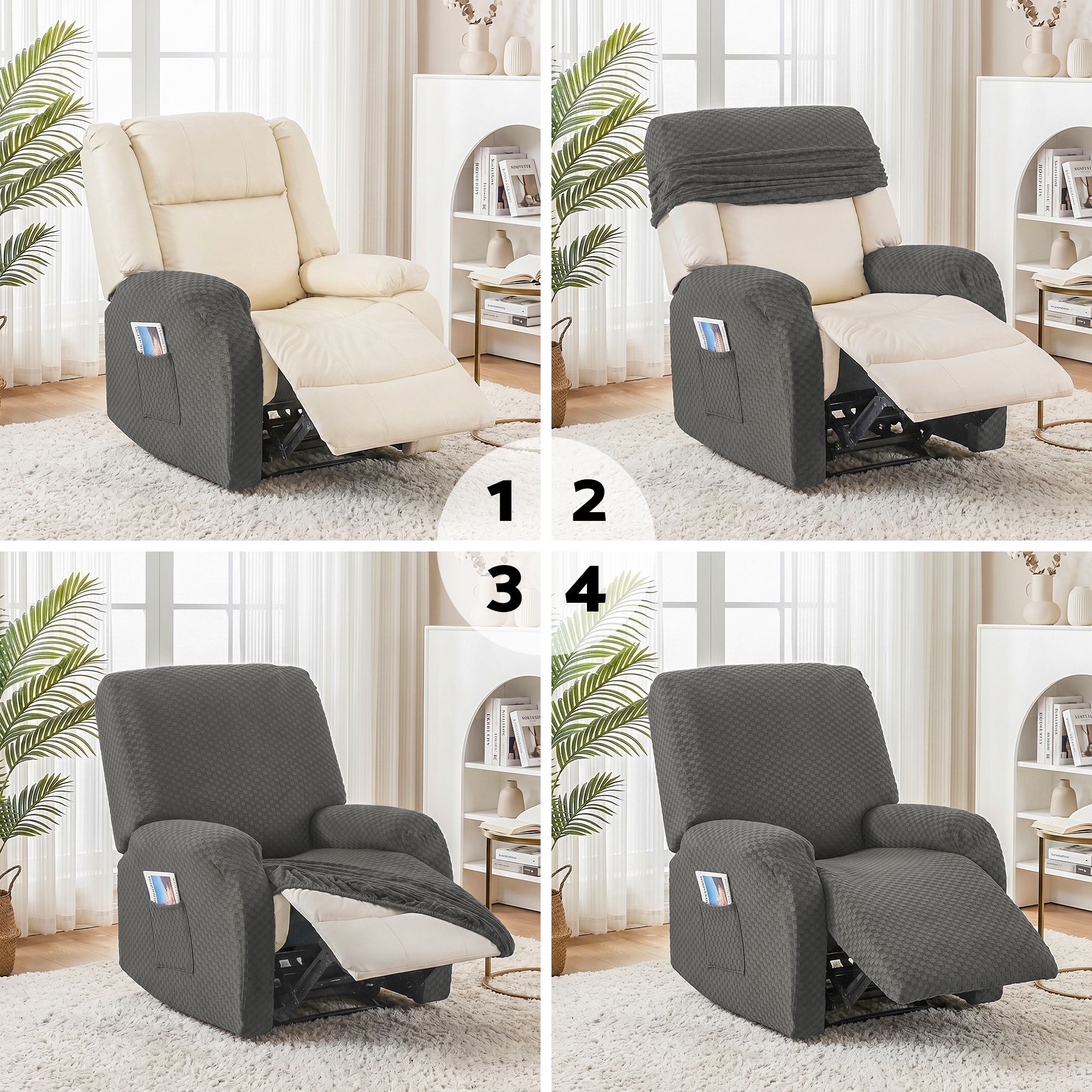 Artiss Recliner Chair Covers with Storage Side Pockets Grey Fabric RCOVER-POLY-1S-DAGY