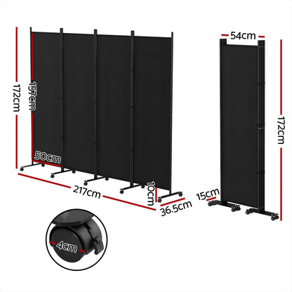 Artiss 4 Panel Room Divider Screen 217cm Wheel Fabric Black RD-D-PLY-217-WHEEL-BK