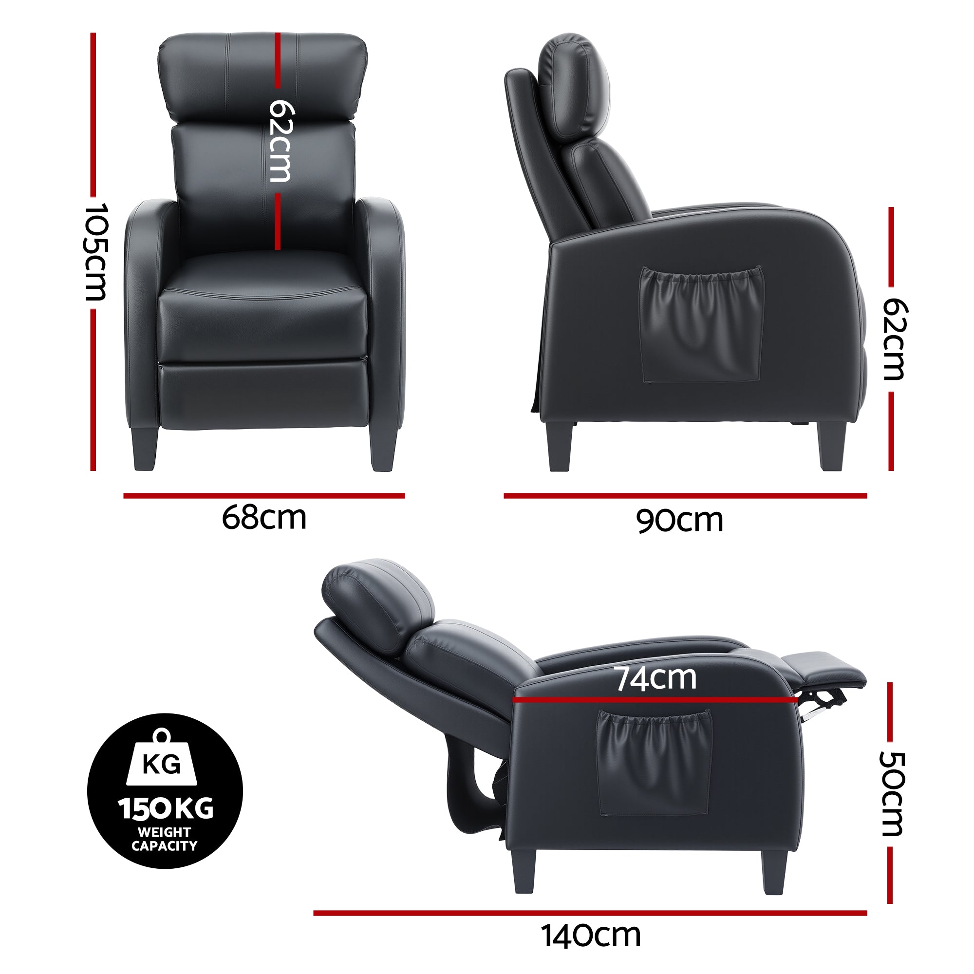 Artiss Massage Recliner Chair Small Recliner Sofa for Adults PU Leather Black RECLINER-A1-MSG-BK