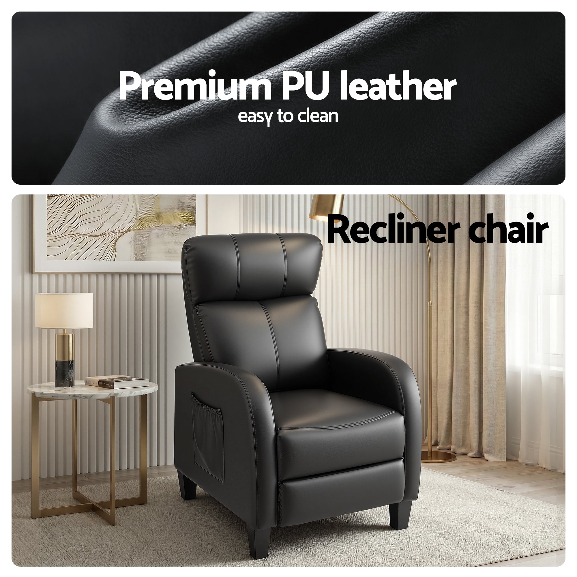 Artiss Massage Recliner Chair Small Recliner Sofa for Adults PU Leather Black RECLINER-A1-MSG-BK