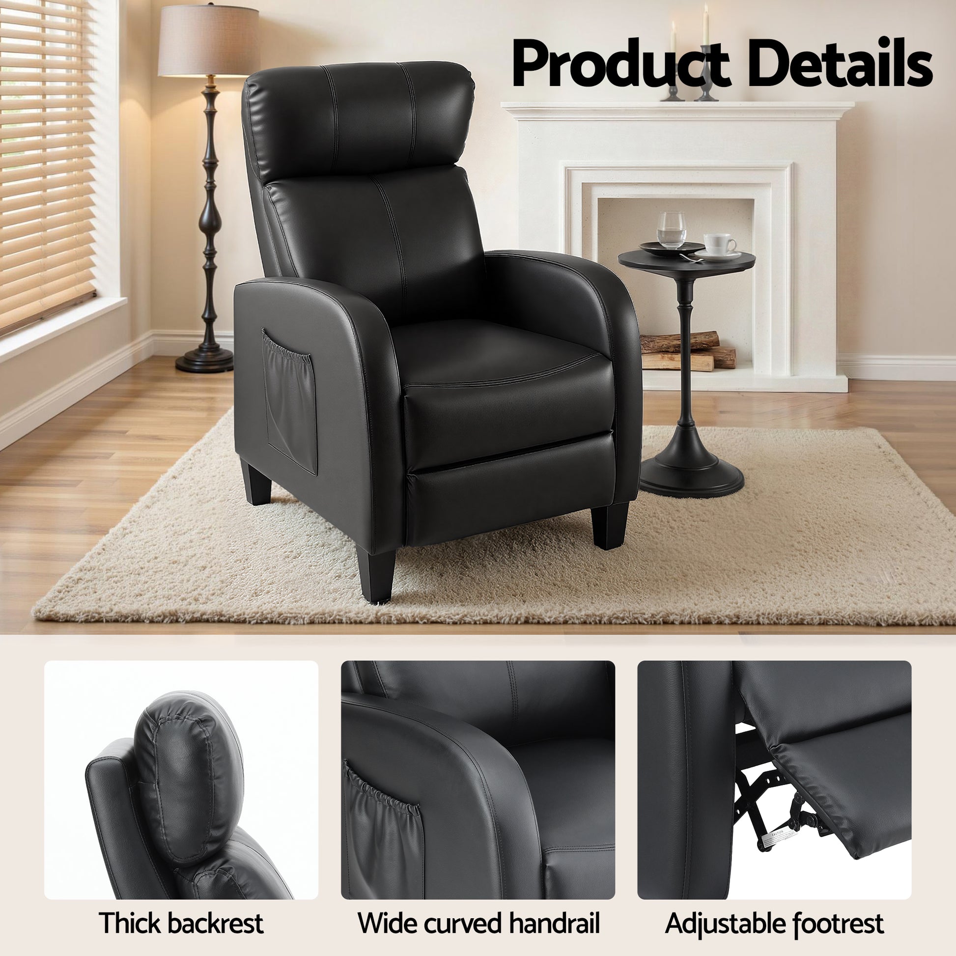 Artiss Massage Recliner Chair Small Recliner Sofa for Adults PU Leather Black RECLINER-A1-MSG-BK