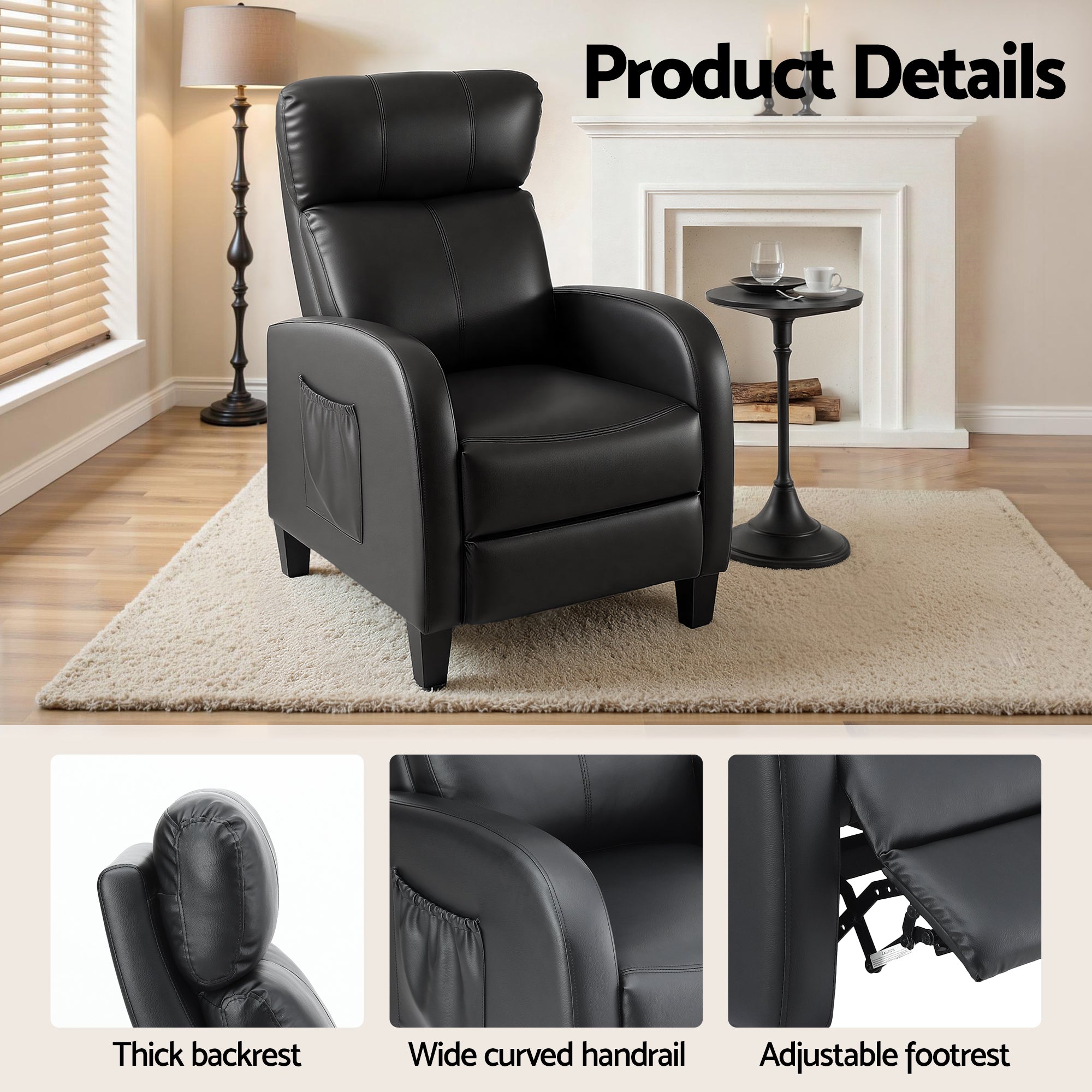 Artiss Massage Recliner Chair Small Recliner Sofa for Adults PU Leather Black RECLINER-A1-MSG-BK