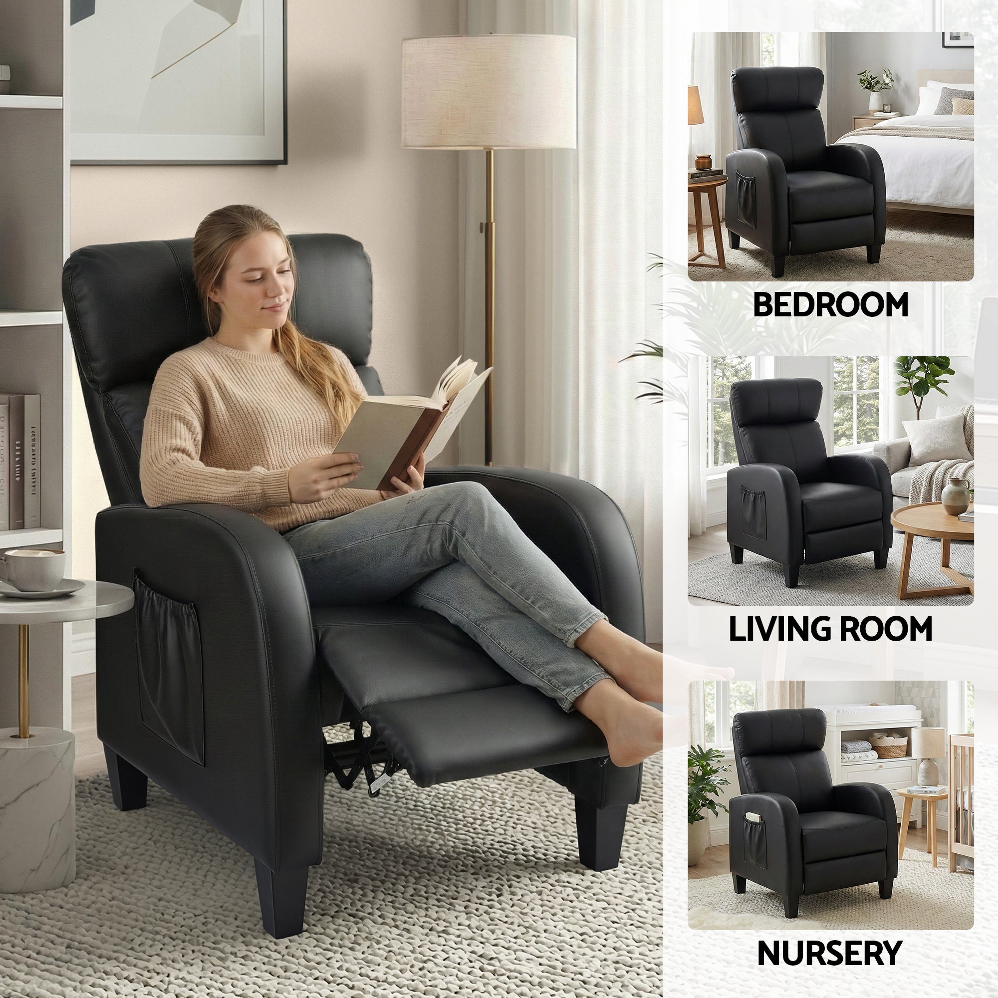 Artiss Massage Recliner Chair Small Recliner Sofa for Adults PU Leather Black RECLINER-A1-MSG-BK