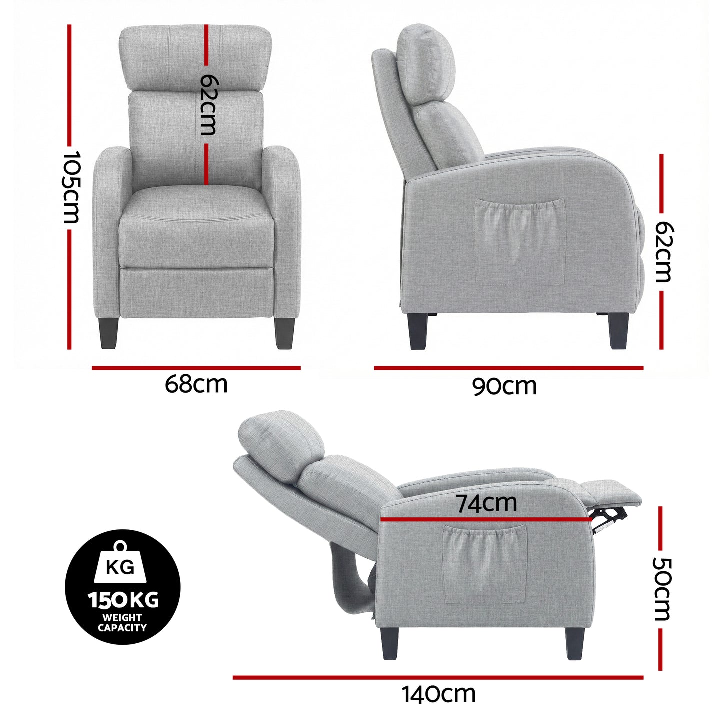Artiss Massage Recliner Chair Small Recliner Sofa for Adults Fabric Grey RECLINER-A1-MSG-GY