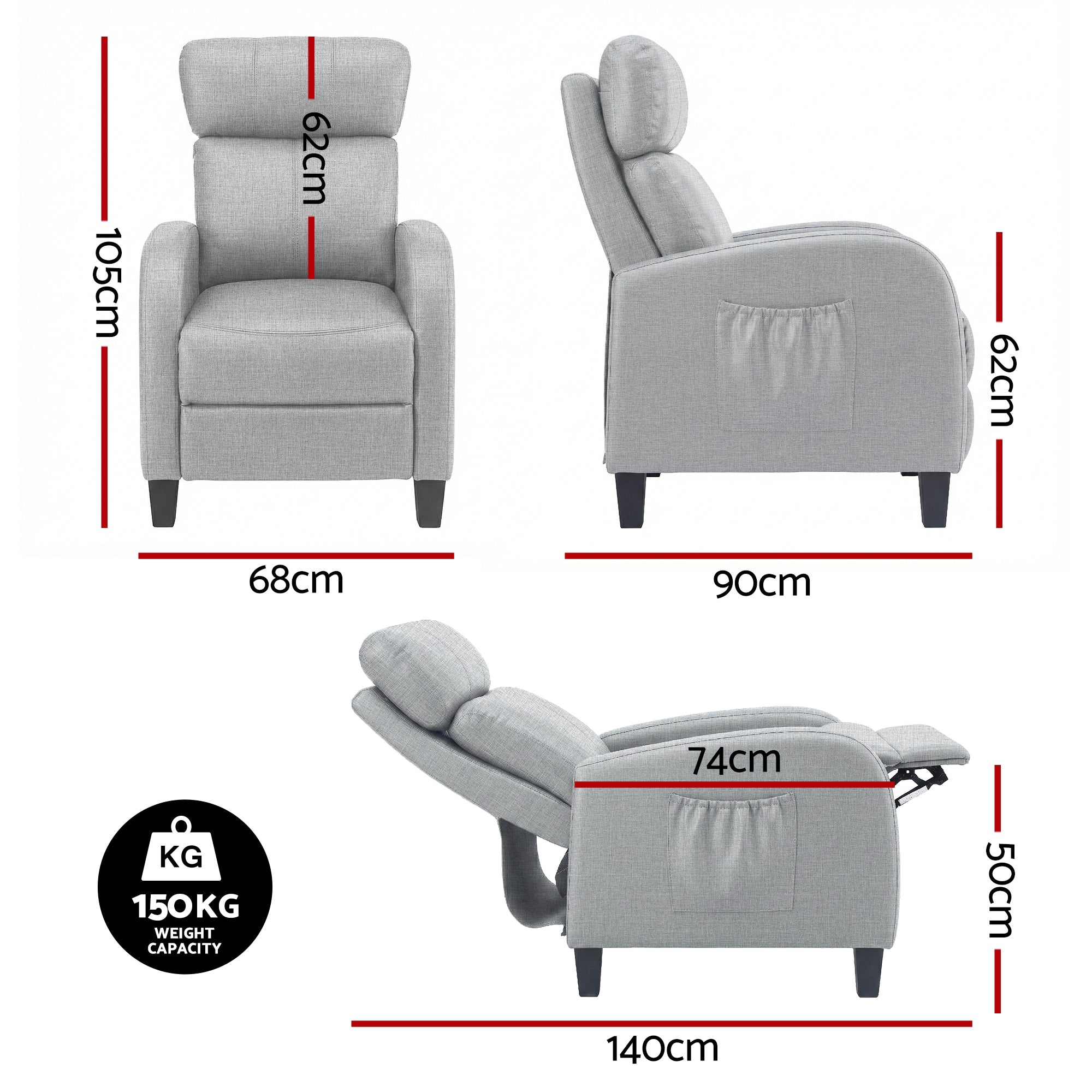 Artiss Massage Recliner Chair Small Recliner Sofa for Adults Fabric Grey RECLINER-A1-MSG-GY