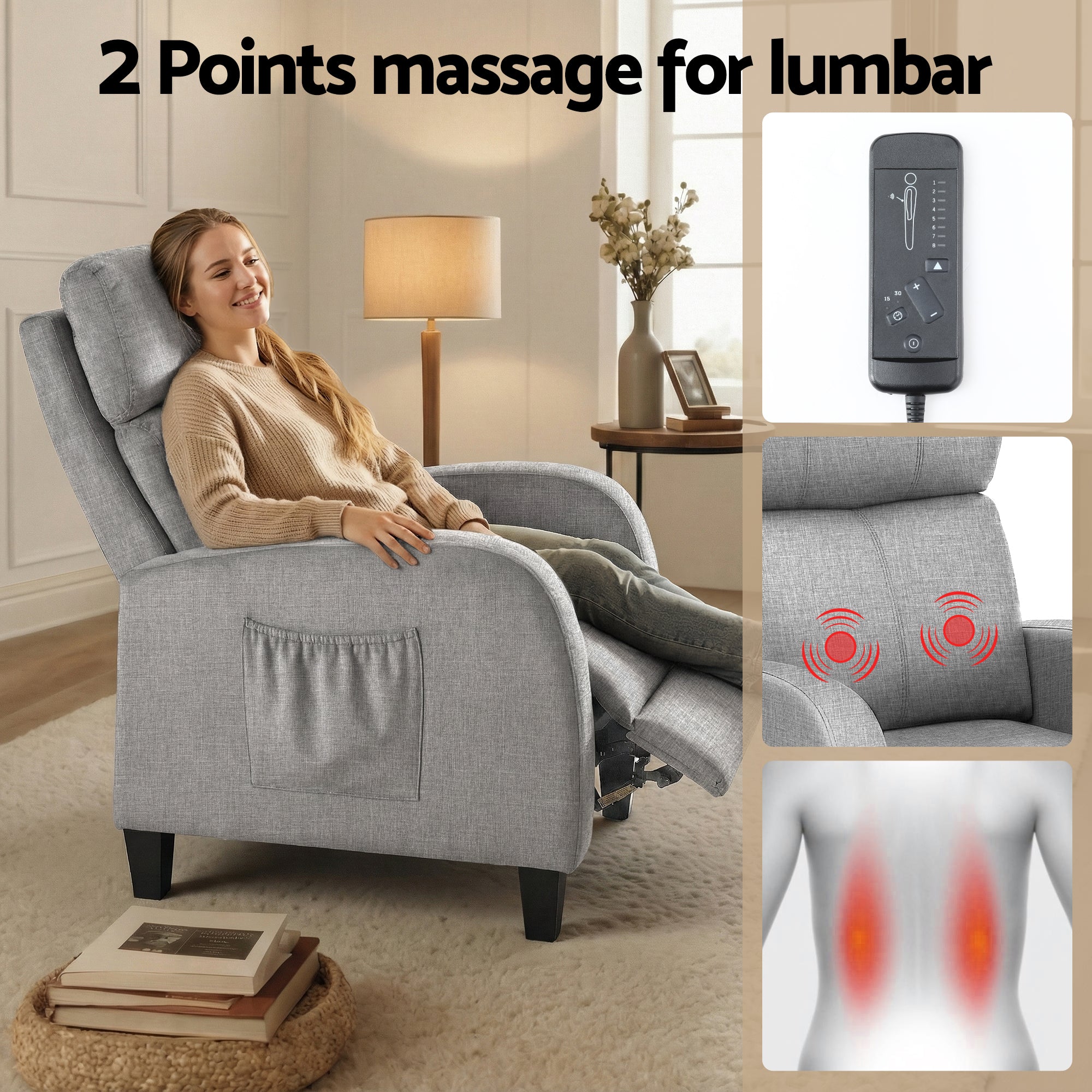 Artiss Massage Recliner Chair Small Recliner Sofa for Adults Fabric Grey RECLINER-A1-MSG-GY