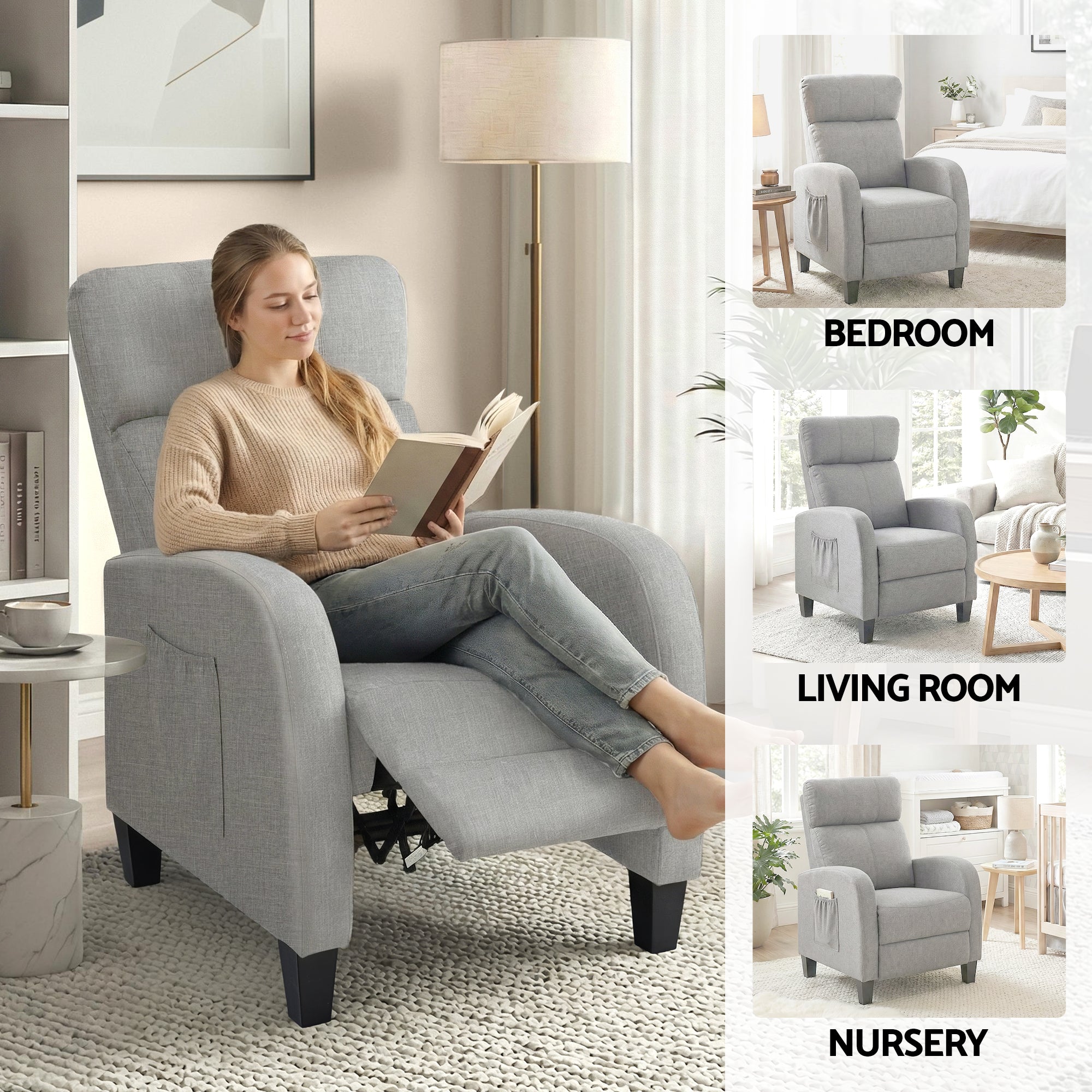 Artiss Massage Recliner Chair Small Recliner Sofa for Adults Fabric Grey RECLINER-A1-MSG-GY