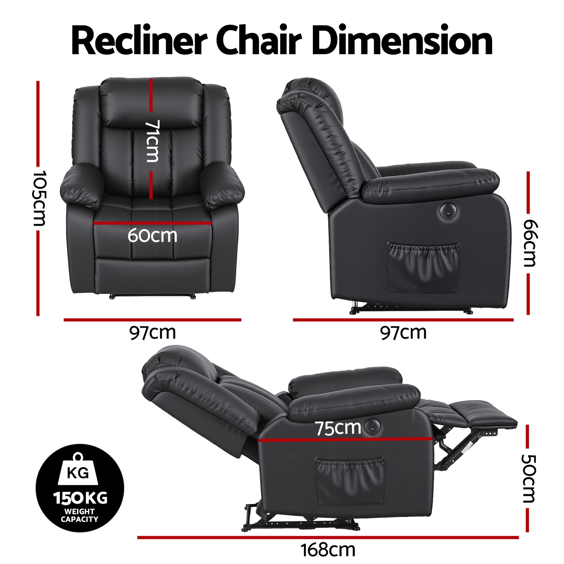 Artiss Manual Massage Recliner Chair for Living Room, Leather Sofa Lounge Reclining Chair with 2 USB Port, RECLINER-A13-UB-PU-BK-AB