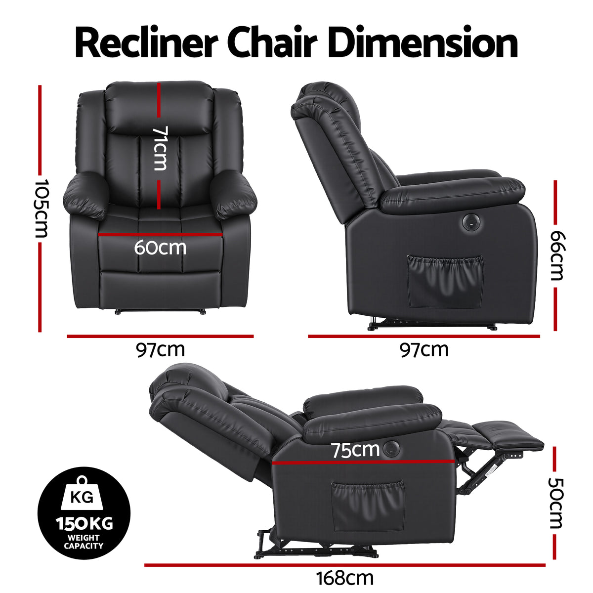 Artiss Manual Massage Recliner Chair for Living Room, Leather Sofa Lounge Reclining Chair with 2 USB Port, RECLINER-A13-UB-PU-BK-AB