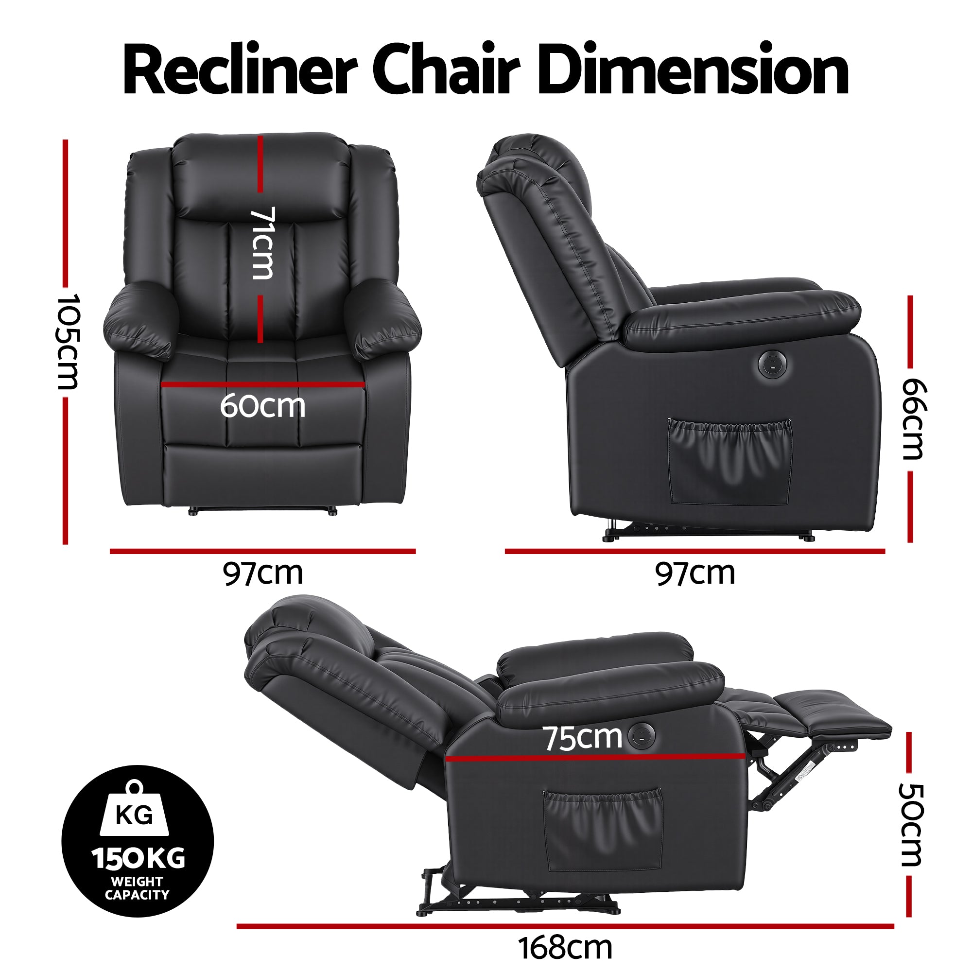 Artiss Manual Massage Recliner Chair for Living Room, Leather Sofa Lounge Reclining Chair with 2 USB Port, RECLINER-A13-UB-PU-BK-AB
