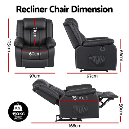 Artiss Manual Massage Recliner Chair for Living Room, Leather Sofa Lounge Reclining Chair with 2 USB Port, RECLINER-A13-UB-PU-BK-AB