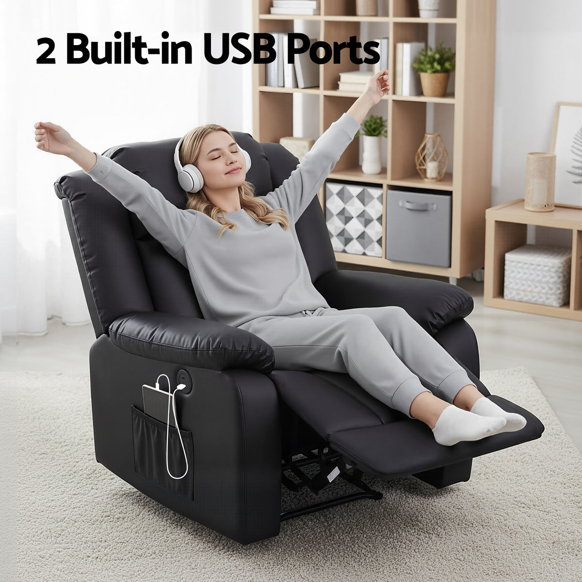 Artiss Manual Massage Recliner Chair for Living Room, Leather Sofa Lounge Reclining Chair with 2 USB Port, RECLINER-A13-UB-PU-BK-AB