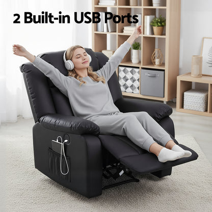 Artiss Manual Massage Recliner Chair for Living Room, Leather Sofa Lounge Reclining Chair with 2 USB Port, RECLINER-A13-UB-PU-BK-AB