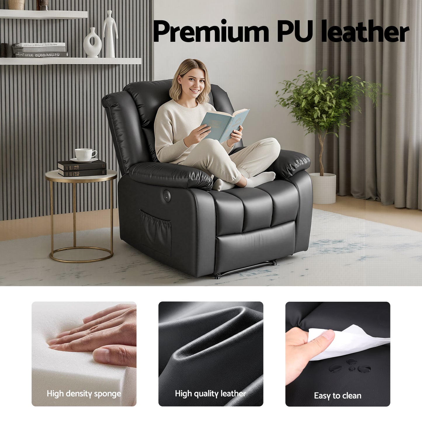 Artiss Manual Massage Recliner Chair for Living Room, Leather Sofa Lounge Reclining Chair with 2 USB Port, RECLINER-A13-UB-PU-BK-AB