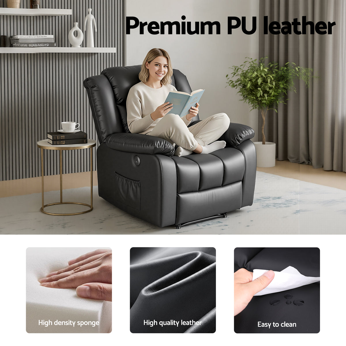 Artiss Manual Massage Recliner Chair for Living Room, Leather Sofa Lounge Reclining Chair with 2 USB Port, RECLINER-A13-UB-PU-BK-AB