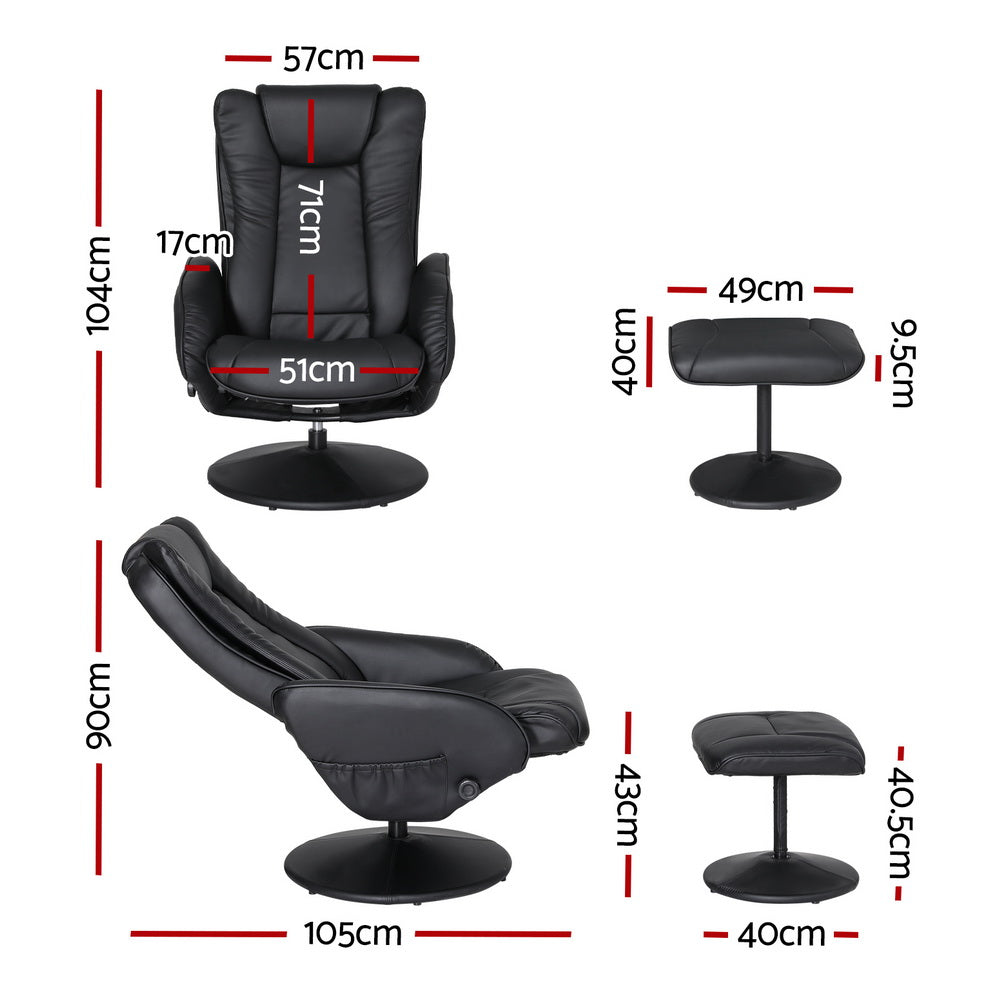Artiss 2X Recliner Chair Ottoman Heated Massage Black RECLINER-A14-PU-BKX2